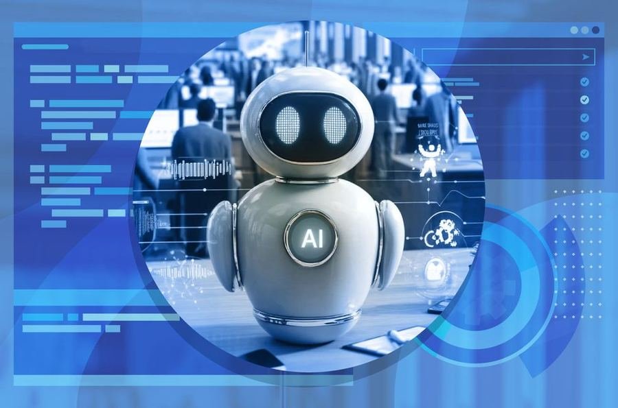 AI robot assistant working alongside a human team in a modern office